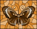 Stained glass illustration with butterfly ,monochrome tone brown
