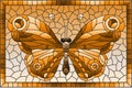 Stained glass illustration with a butterfly in a frame, rectangular image, tone brown