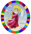 Stained glass illustration with cartoon in pink dress angel playing the harp against the cloudy sky, round image in bright frame