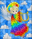 Stained glass illustration with cartoon rainbow angel playing the harp against the cloudy sky