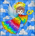 Stained glass illustration with cartoon rainbow angel playing the horn against the cloudy sky