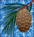 Stained glass illustration with cedar cone on a branch on a blue background Royalty Free Stock Photo