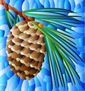 Stained glass illustration with  cedar cone on a branch on a blue background Royalty Free Stock Photo