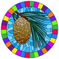 Stained glass illustration with cedar cone on a branch on a blue background, round image in bright frame Royalty Free Stock Photo