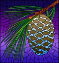 Stained glass illustration with cedar cone on a branch on a blue background with snow Royalty Free Stock Photo