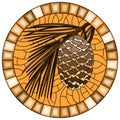 Stained glass illustration with  cedar cone on a branch , round image in frame, tone brown Royalty Free Stock Photo