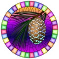 Stained glass illustration with cedar cone on a branch on a sky background, round image in bright frame Royalty Free Stock Photo