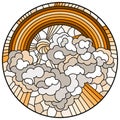Stained glass illustration with celestial landscape, sun and clouds on rainbow background, round image, tone brown sepia