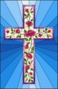 Stained glass illustration with Christian cross decorated with pink roses on blue background