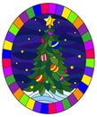 Stained glass illustration with a Christmas tree on a background of snow and starry sky, oval illustration in bright frame Royalty Free Stock Photo