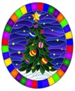 Stained glass illustration with  a Christmas tree on a background of snow and starry sky, oval illustration in bright frame Royalty Free Stock Photo