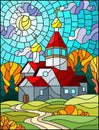 Stained glass illustration with Church on the background of autumn landscape, a Church on the background of the Sunny sky and autu Royalty Free Stock Photo