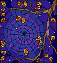 Stained glass illustration with cobwebs on the branches of a tree against the starry night sky Royalty Free Stock Photo