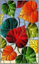 Stained glass illustration with colorful leaves trees on a blue background