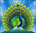 Stained glass illustration with colorful peacock on blue sky