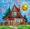 Stained glass illustration with  a cozy rustic house on the background of fir trees, cloudy sky and sun Royalty Free Stock Photo