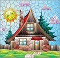 Stained glass illustration with  a cozy rustic house on the background of fir trees, cloudy sky and sun Royalty Free Stock Photo