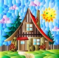 Stained glass illustration with  a cozy rustic house on the background of fir trees, cloudy sky and sun Royalty Free Stock Photo