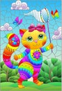 Stained glass illustration with a cute cartoon cat with a butterfly net on the background of a summer landscape, rectangular image Royalty Free Stock Photo