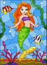 Stained glass illustration with cute cartoon mermaid in the background of the seabed and fish