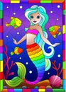 Stained glass illustration with cute cartoon mermaid in the background of the seabed and fish