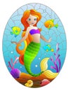Stained glass illustration with cute cartoon mermaid in the background of the seabed and fish, oval image