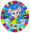 Stained glass illustration with a cute cartoon mouse on skates on the background of a winter landscape, oval image in bright fram