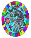 Stained glass illustration with  a   cute grey cat on a background of meadows and  bright flowers ,oval image in bright frame Royalty Free Stock Photo