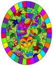 Stained glass illustration with a cute cat on a background of meadows and  bright flowers ,oval image in bright frame Royalty Free Stock Photo