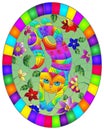 Stained glass illustration with  a  cute  cat on a background of meadows and  bright flowers ,oval image in bright frame Royalty Free Stock Photo