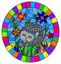 Stained glass illustration with  a cute grey cat on a background of meadows, bright flowers and sky, round image in bright frame Royalty Free Stock Photo