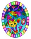 Stained glass illustration with  a cute rainbow cat on a background of sky and  bright flowers ,oval image in bright frame Royalty Free Stock Photo