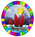 Stained glass illustration with the Eastern ship with red sails on the background of sky, sun and rocky shores