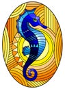 Stained glass illustration with  fabulous abstract  fish seahorse, blue fish on an orange background, oval image Royalty Free Stock Photo