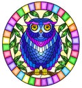 Stained glass illustration with fabulous blue owl sitting on a tree branch against the sky,oval picture frame in bright