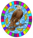 Stained glass illustration with fabulous Falcon sitting on a tree branch against the sky, oval image in bright frame