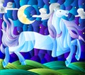 An illustration in stained glass style with fabulous horse galloping on green meadow on the background of sky and sun Royalty Free Stock Photo