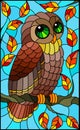 Stained glass illustration with fabulous owl ,sitting on a branches of an autum tree against the sky