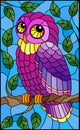 Stained glass illustration with fabulous purple owl sitting on a tree branch against the sky