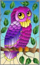 Stained glass illustration with fabulous purple owl sitting on a tree branch against the sky