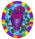 Stained glass illustration with fabulous purple owl sitting on a tree branch against the sky,oval picture frame in bright