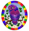 Stained glass illustration with fabulous purple owl sitting on a tree branch against the sky,oval picture frame in bright