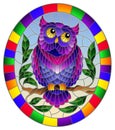 Stained glass illustration with fabulous purple owl sitting on a tree branch against the sky,oval picture frame in bright