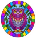 Stained glass illustration with fabulous purple owl sitting on a tree branch against the sky,oval picture frame in bright