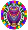 Stained glass illustration with fabulous purple owl sitting on a tree branch against the sky,oval picture frame in bright