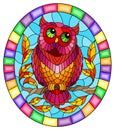 Stained glass illustration with fabulous red owl sitting on a tree branch against the sky,oval picture frame in bright
