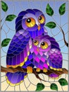 Stained glass illustration with fairy owl and owlet on a tree branch against the sky