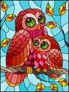 Stained glass illustration with fairy red owl and owlet on a autumn tree branch against the sky