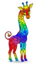 Stained glass illustration with figure of abstract rainbow giraffes, isolated on a white background