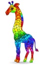 Stained glass illustration with figure of abstract rainbow giraffes, isolated on a white background